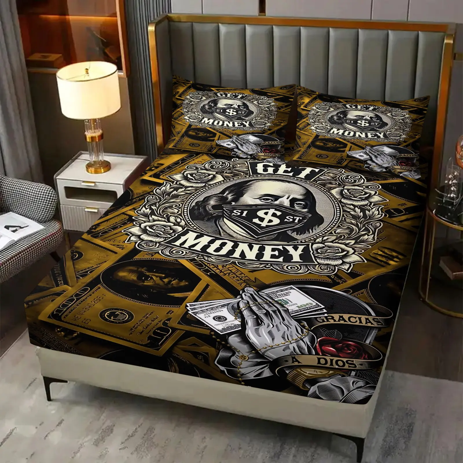 Black Gold Dollar Bill 3‑Piece Fitted Sheet Set, No Filling Included, Deep Pocket Elastic All‑Around Mattress Cover, Soft Breathable Bedding Set, Decorative Bedsheet Sets, Sheets Set, Streetwear Money Decor for Bedroom, Master Bedroom, Teen Bedroom