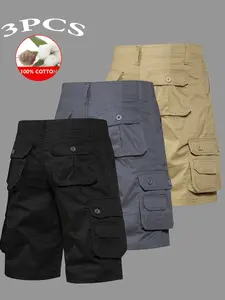 Set of 3 European/American summer casual shorts for outdoor commuting—breathable, comfortable multi-pack; American vintage pure cotton cargo shorts; men’s sports-casual shorts; pure cotton bermuda shorts; wear-resistant, wrinkle-resistant design with mult