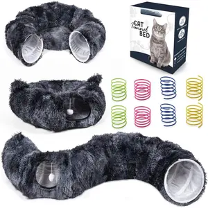 Tunnel Bed with 8 Spring Toys - Plush Peekaboo  Cave for Indoor Pets - Versatile  Donut Tunnels for Indoor Cats- Foldable Kitten Bed Tunnel