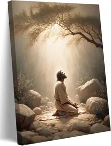 Jesus Prayers Canvas Wall Art God Divine Mercy Portrait Tranquility Painting Picture Wall Decor Jesus Praying in the Garden of Gethsemane Poster Prints for Bedroom Church Home