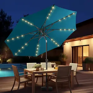 9ft Solar Patio Umbrella - Solar Lights LED Lighted Outdoor Market Table Umbrella, UPF50+ UV Protection with Push Button Tilt, Crank for Pool Deck and Garden (Forest Blue)
