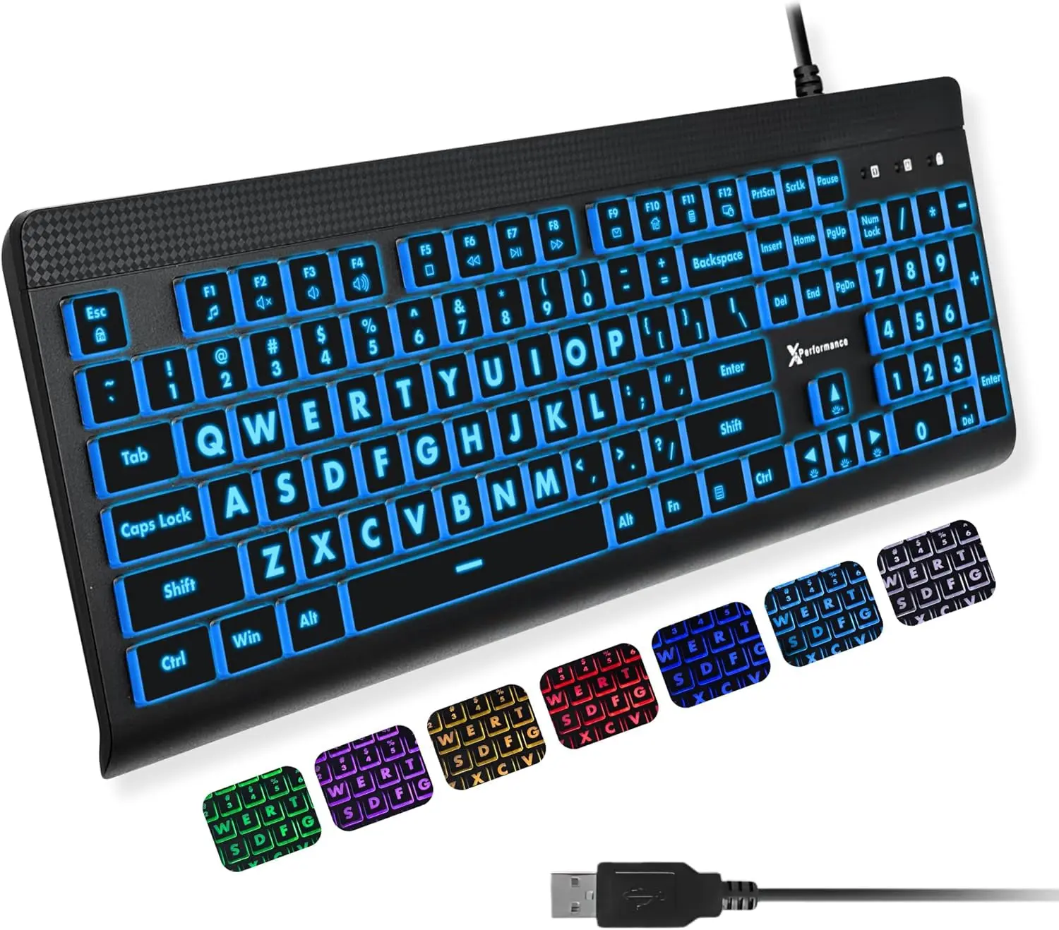 Large Print Backlit Keyboard – 7-Color LED, USB Wired, Full Size 107-Key for Seniors & Low Vision