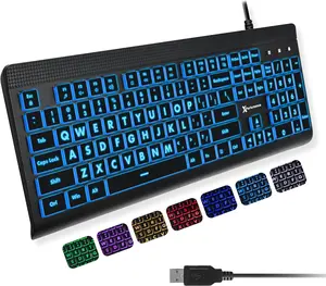 Large Print Backlit Keyboard – 7-Color LED, USB Wired, Full Size 107-Key for Seniors & Low Vision
