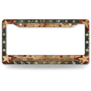 Retro American Flag Stainless Steel - Round-Hole License Plate Frame | Alumina, Funny, 2-Hole, 12 x 6 Inch | Car Accessories Number Plates