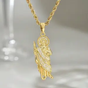 Men's 18K Gold Plated Classic Twist Necklace + Religious Saint Jude Bronze Zirconia Pendant, Sparkling Hip-Hop Style Jewelry, Chic and Exquisite Accessory for Daily Wear