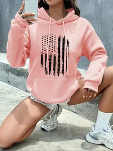 Women's American Flag Print Drawstring Graphic Hoodie, Casual Long Sleeve Hooded Sweatshirt for Fall & Winter, Women's Clothes for Daily Wear