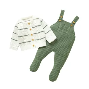 Mimixiong Baby Clothing Set Knitted Striped Baby Cardigan and Sleeveless Footed Romper Sets 2Pcs