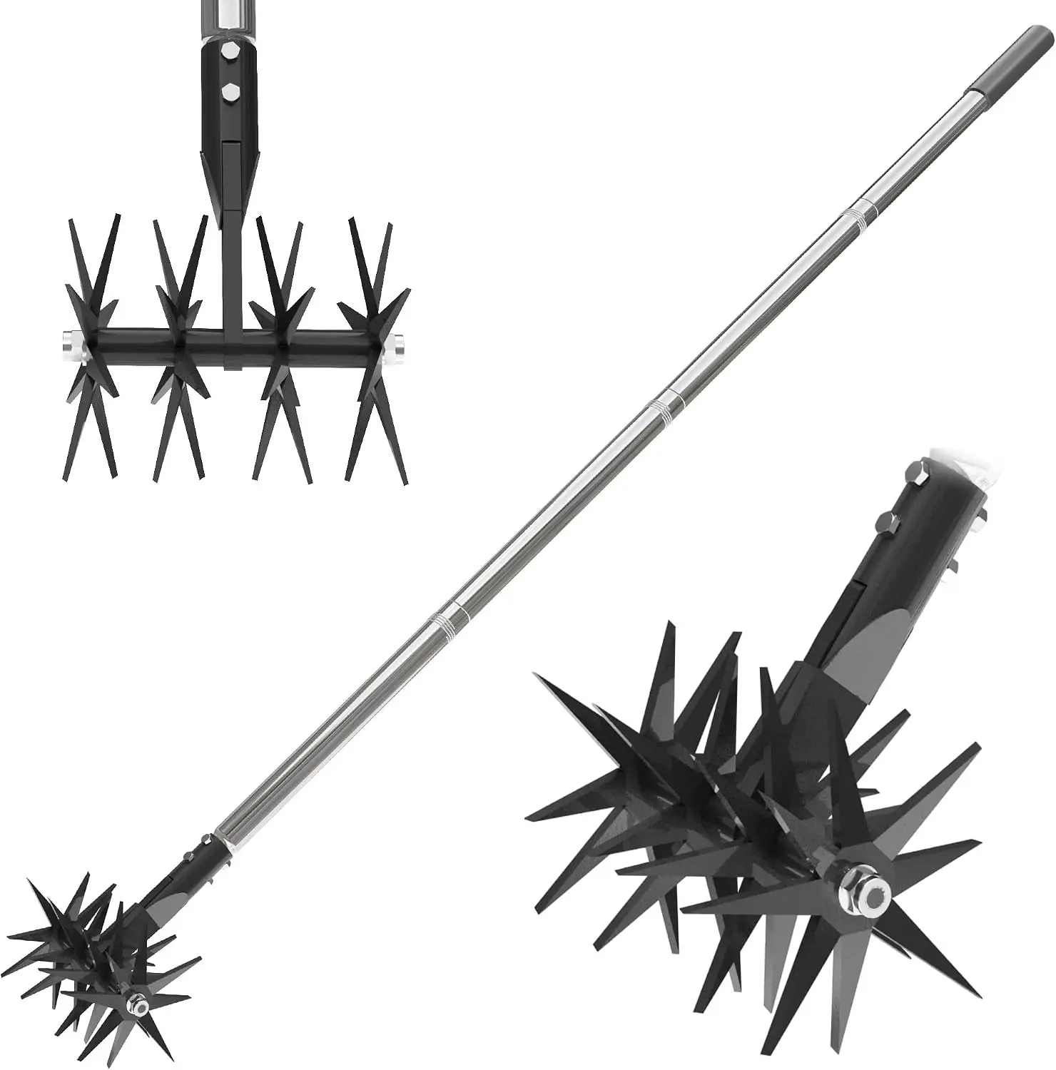 66in Rotary Cultivator Garden Tool with Tempered Spring Steel Tines | Adjustable Stainless Steel Handle Manual Hand Tiller for Gardening, for Loosening Soil, Mixing Fertilizer, Garden Beds