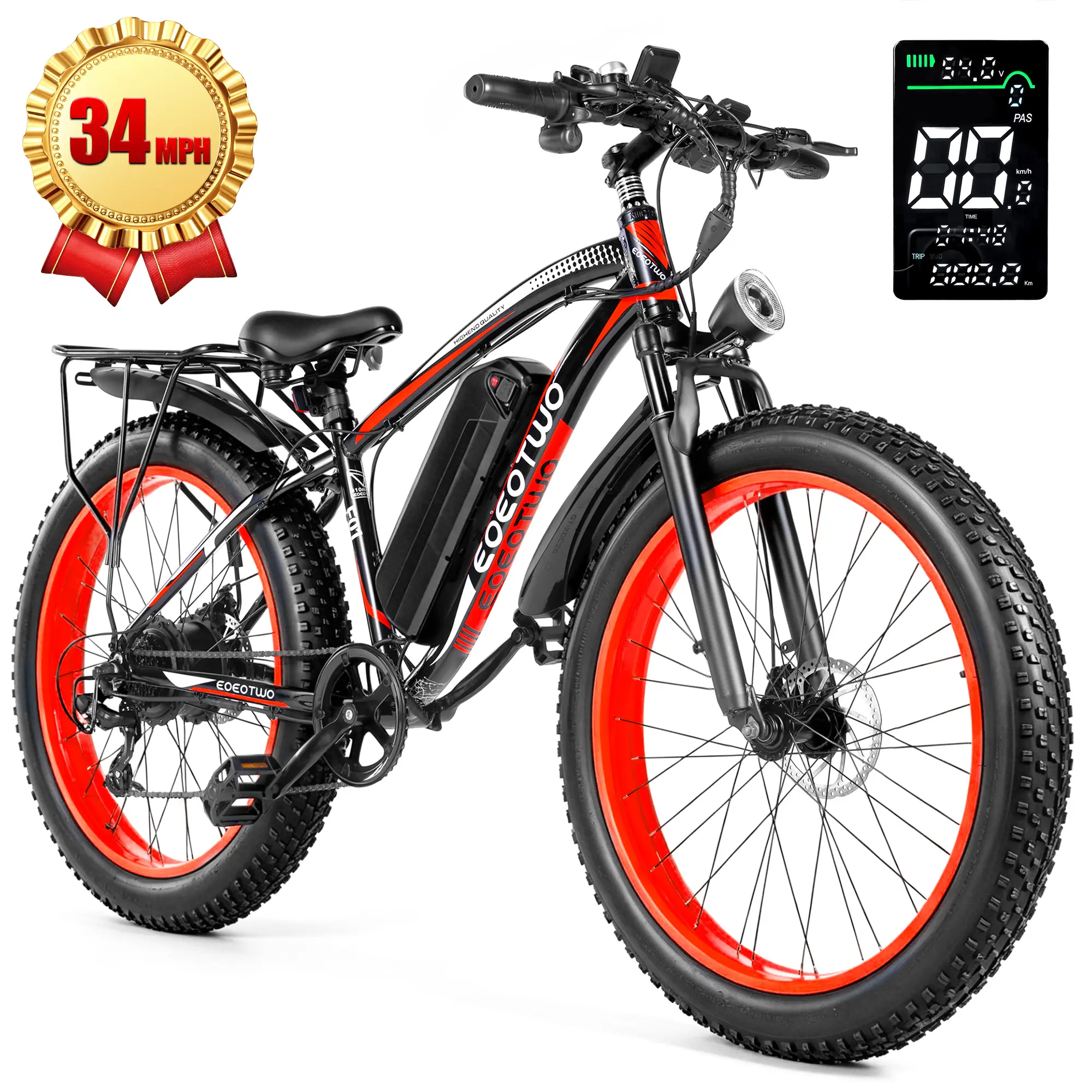 [EOEOTWO E01] 1500W Peak Motor Electric Bicycle with Front Suspension 48V 15AH Battery 26"x 4.0 Inch Tires 30+ MPH Speed 70 Miles Range for Snow Mountain Road Riding