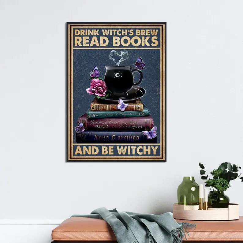 Witchcraft Book And Tea Poster, Drink Witch Brew Read Books Print, Witch Halloween Home Decor, Witchcraft Lover Gift, Magic Room Decoration