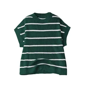 Plus Size Short Sleeve Sweater Vest Top Lightweight Striped Oversized Sweater Vests