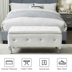Upholstered Storage Ottoman Bench For Bedroom End Of Bed Faux Leather Rectangular Storage Benches Footrest With Crystal Buttons For Living Room Entryway (White)