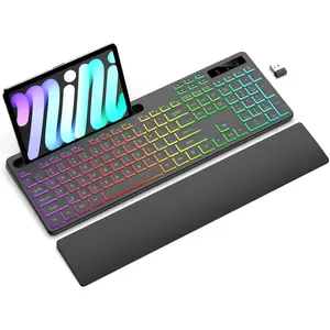 Keyboard with 7 Colors & 4 Modes RGB Backlit,  Keyboard with Wrist Rest, Phone Tablet Holder, 2.4G Light Up  Keyboard with Numeric Keypad for , Windows