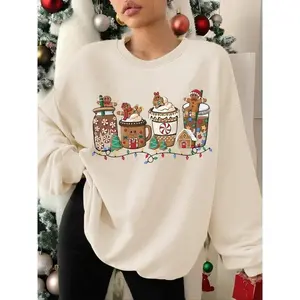 Women's Casual Fitted Pullover Sweater, Round Neck Long Sleeve Thick Fabric, Christmas Print Coffee & Milk Tea Design, Winter Wear
