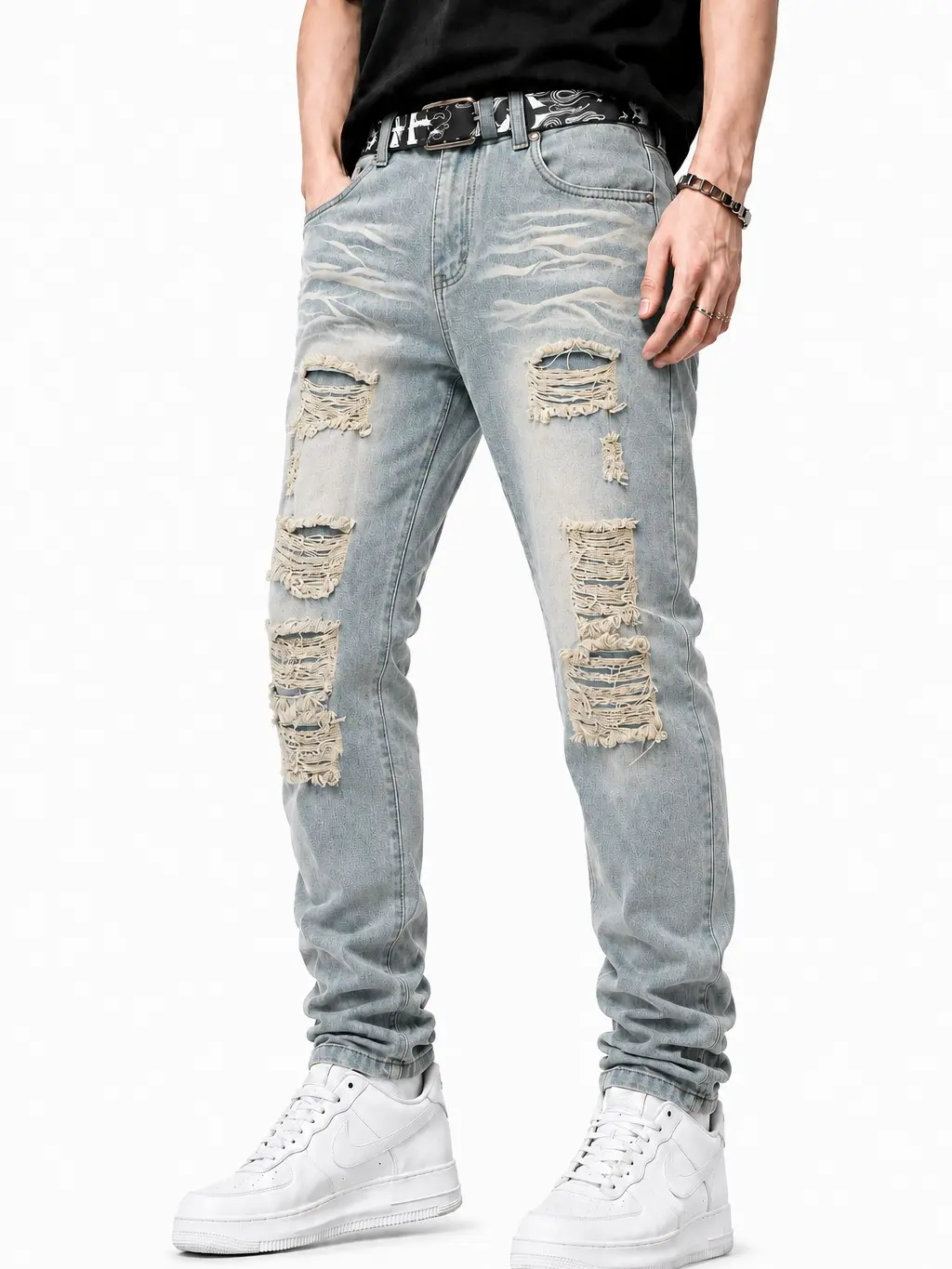 Men's ripped jeans, light blue vintage straight-leg jeans, casual streetwear style jeans, suitable for parties, clubs, festivals, birthdays and Christmas gifts