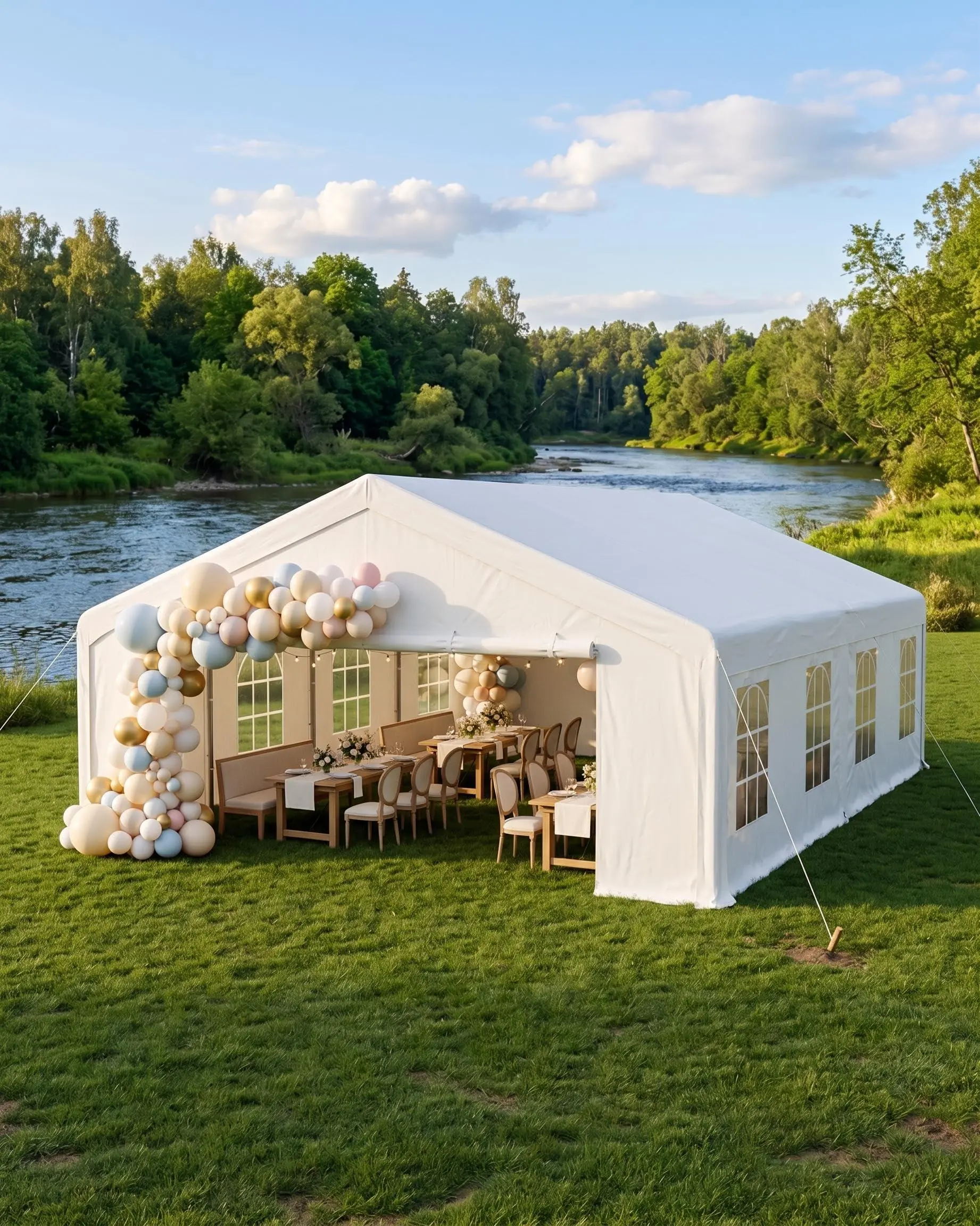 20x32 FT Heavy Duty Party Tent, Galvanized Steel Outdoor Canopy with Mesh Screen & Roll-Up Dual Doors, Waterproof Wedding Event Shelter, Removable Sidewalls & Windows