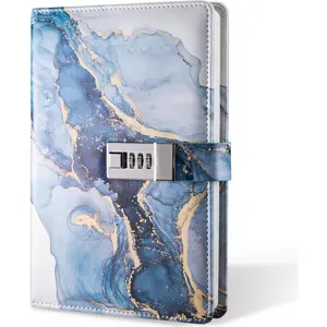 Diary with Lock, A5 Lockable Journal, PU Leather Combination Lock Diary, Lock Diary Planner Organizer for Men and Women, Office Product 8.6 x 5.9 in- Blue