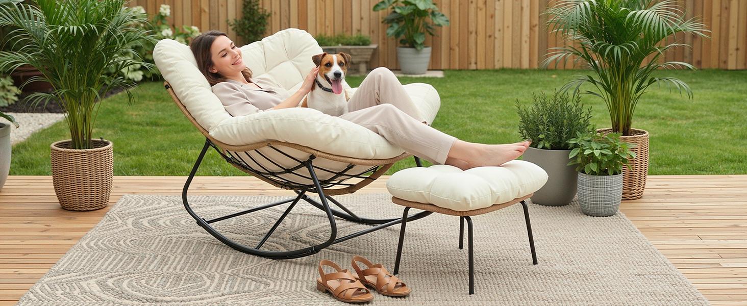Arlopu Outdoor Papasan Rocking Chair with Ottoman, Oversized Padded Lounge Rocker with Cushion, Comfy Wicker Egg Lounge Chair, Large Indoor Rocking Recliner for Living Room/Porch/Garden