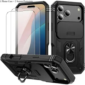 3PCS (1 Phone Case + 2 Tempered Glass Screen Protectors) Lunivop Compatible with iPhone 17 Pro Case 360° Metal Rotated Ring Holder Magnetic Kickstand【Slide Camera Cover 】 Military - Grade Shockproof Protection for 17 Pro 6.3 '' Phone Case Black