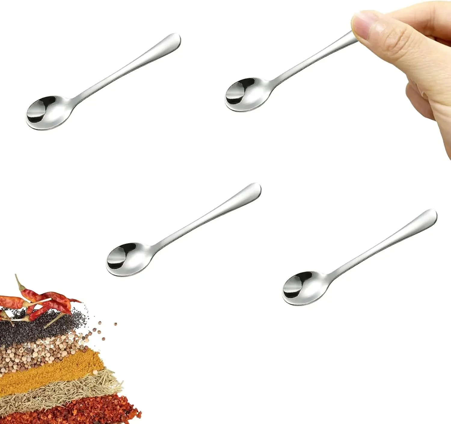 4 PCS Tiny Stainless Steel Spoons for Spices Jars, [Upgraded Size, 3.54"] Mini Spoons, Small Condiment Spoon for Spices, Salt, Sugar, Pepper, Honey, Coffee, Tea (4 PCS, 3.54", Silver)