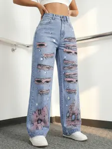 Jeanius Women's High-Waist Wide-Leg Denim Jeans! High-Rise Medium-Stretch Printed Style—Semi Baggy Jeans Fit, Bedazzled Jeans Sparkle & Still Cool Jeans Vibe! Layered Ripped Holes (Pink) + ocean blue wash, matches Baggy Jeans Outfit.