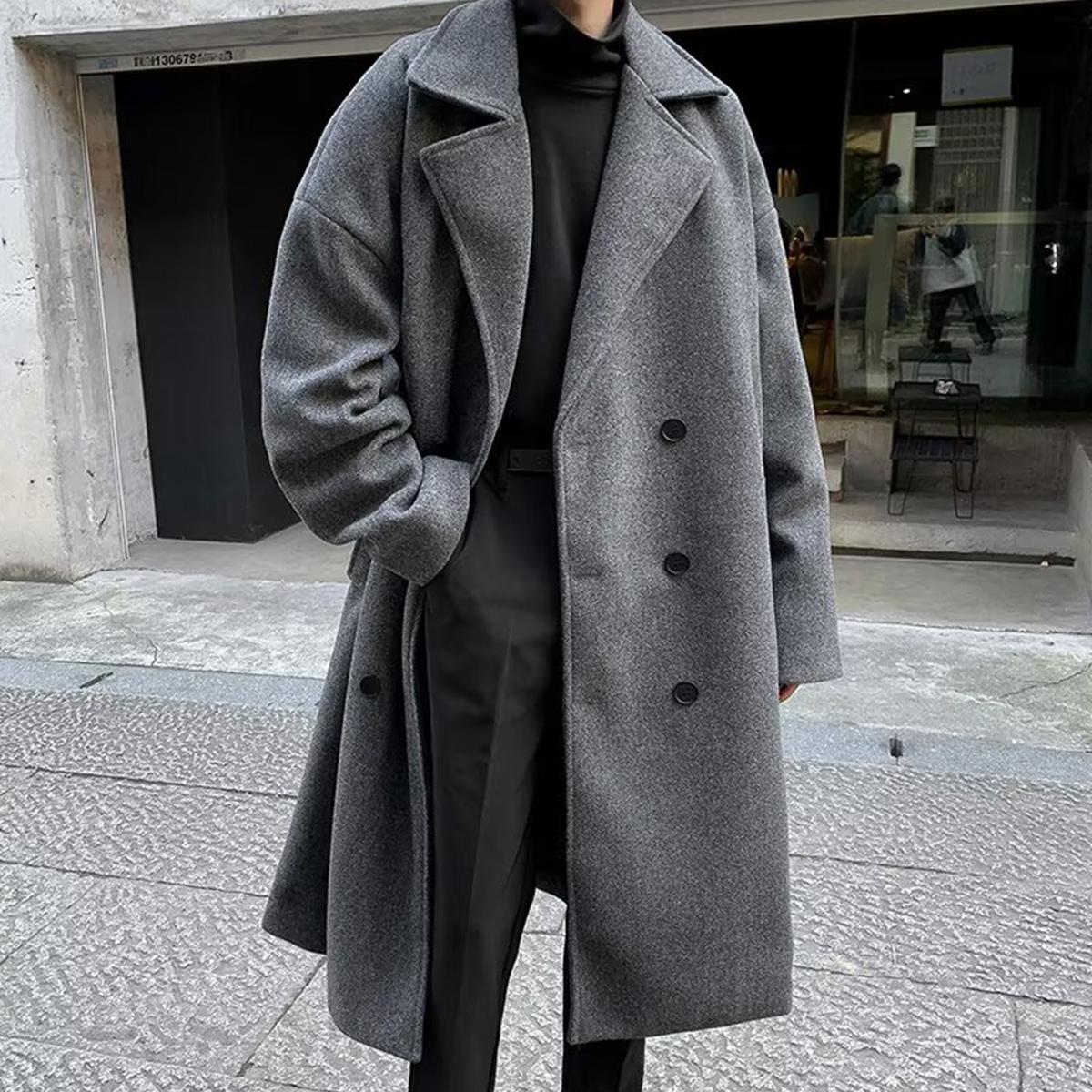 Men's Solid Button Front Lapel Neck Midi Coat, Regular Fit Casual Long Sleeve Outerwear for Fall & Winter, Men's Clothes for Daily Wear, Menswear, Jackets, Tops, Trench, Gamis, Plain