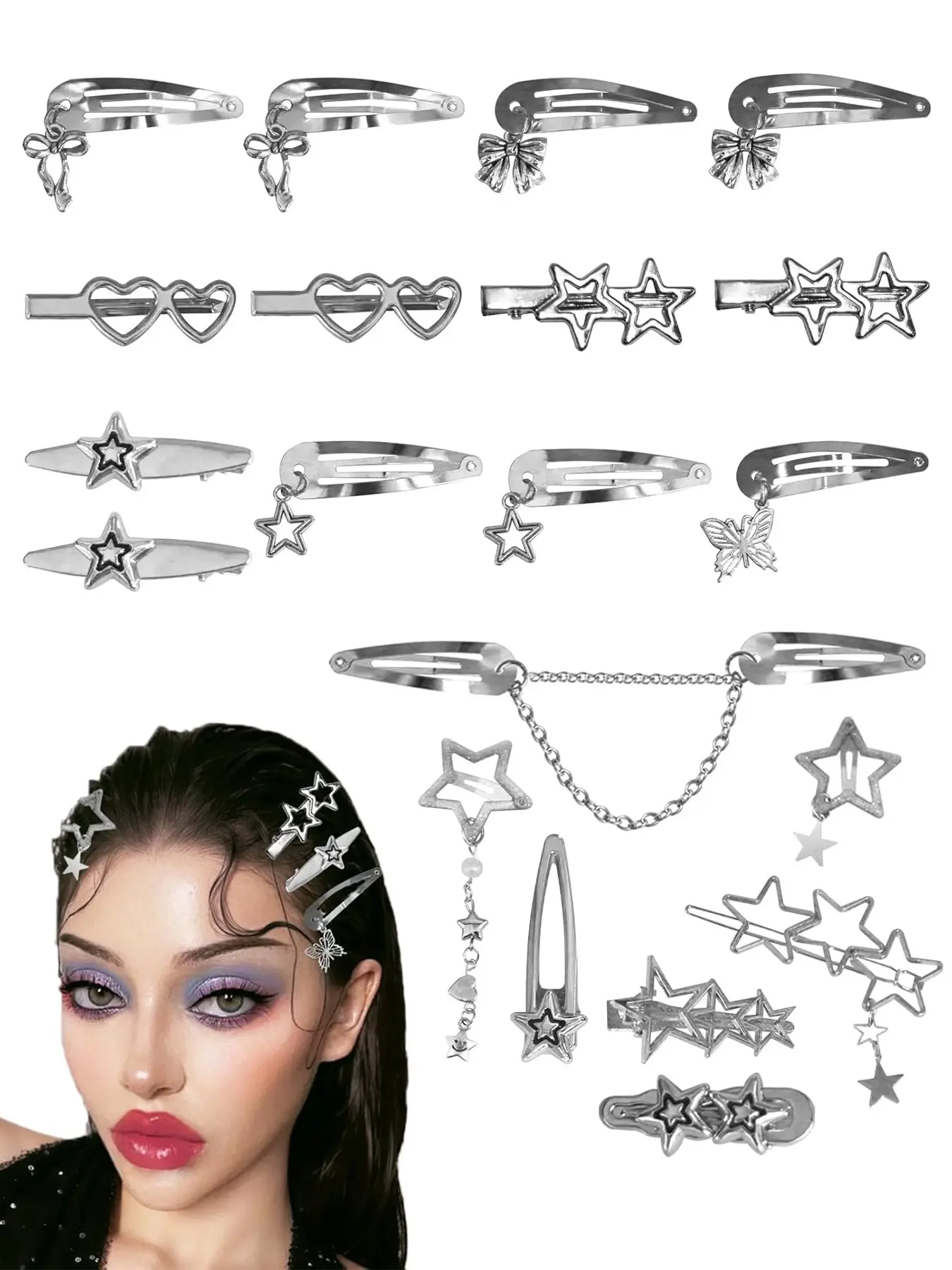 20Pcs Star Hair Clips Y2K Silver Hair Clips 14 Shapes Y2K Hair Accessories Hair Style Accessory Hair Decor Metal Non-Slip Snap Barrettes for Girls 2000s Punk Kawaii Butterfly Charm Hair Clips for Women Super Cute Clips Hairclips