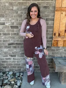 Red Beam Mineral Washed Daisy Patchwork Tie Jumpsuit by J. Her