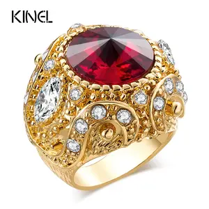 Luxury Charm Red Ring Gold Color Inlay Austrian Crystal Engagement Rings For Women Promise Christmas Gift