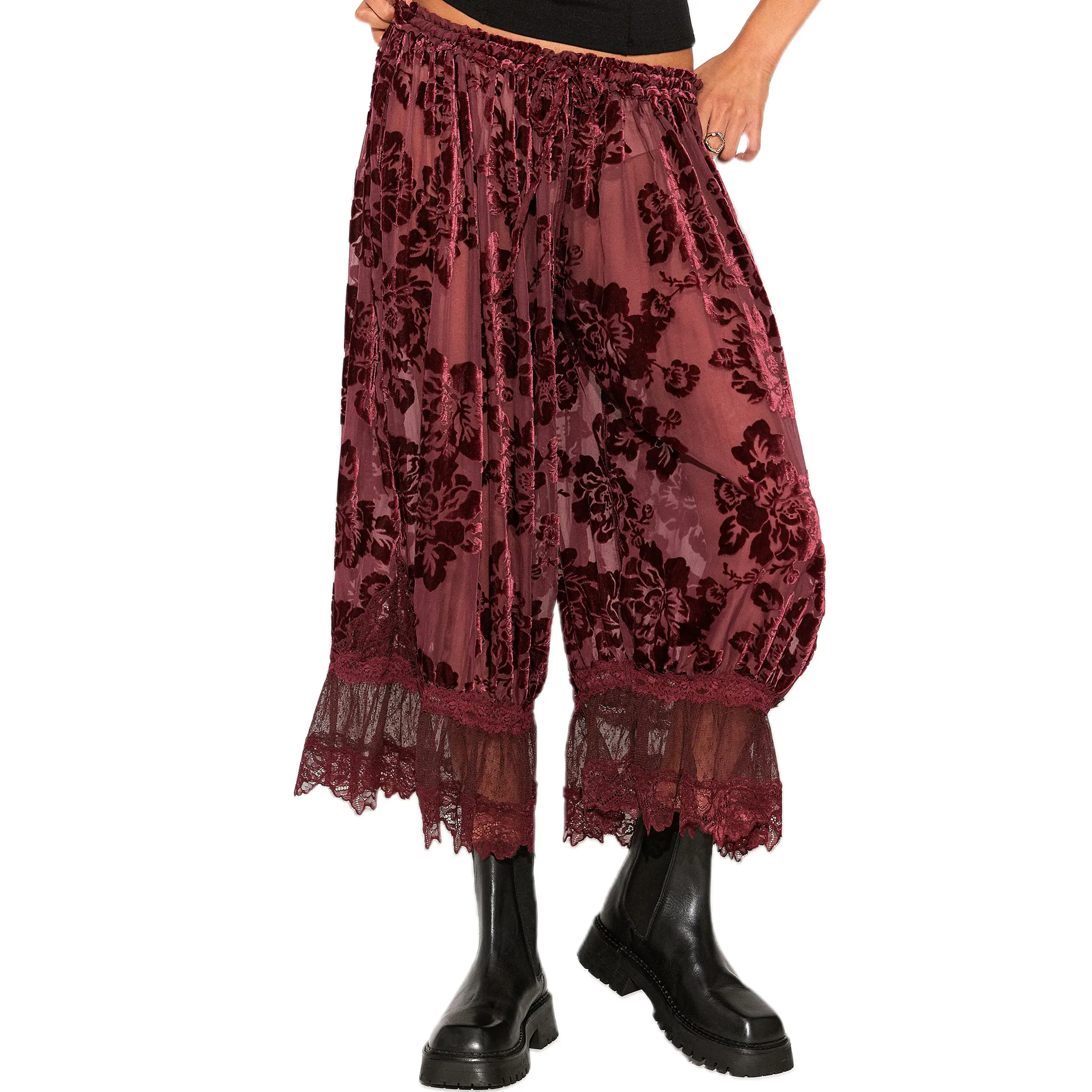 Buenoble Women's Forever Young Burnout Bloomer Pants Vintage Velvet Floral Lace Pants Soft Sheer Pull-On Pants Buenoble Women's Forever Young Burnout Bloomer Pants Vintage Velvet Floral Lace Pants Soft Sheer Pull-On Pants