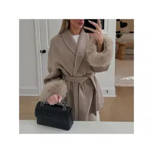 Elegant Lace Up Woolen Short Coat Solid Loose Lapel Furry Belt Long Sleeve Female Jacket 2025 Autumn Winter Lady Chic Cardigan