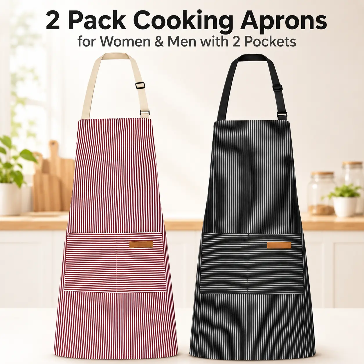 2 Pack Cooking Aprons for Women Men with 2 Pockets, 29.5" x 26.8" (Black Pinstripes/Pink Pinstripes)