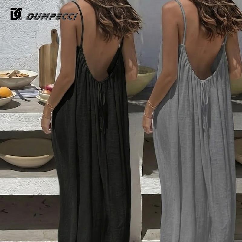 Women's Solid Color Backless Spaghetti Strap Cami Dress,1/2PCS S-5XL Casual Minimalist Sleeveless Dress for Summer, Ladies Clothes for Beach Holiday Vacation