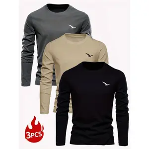 3pcs Men's Casual Crew Neck Long Sleeve T-Shirts - Knit Fabric, Polyester 95%, Elastane 5%, Basic Style with Random Print Design morning t-shirt casual comfy top summer tee