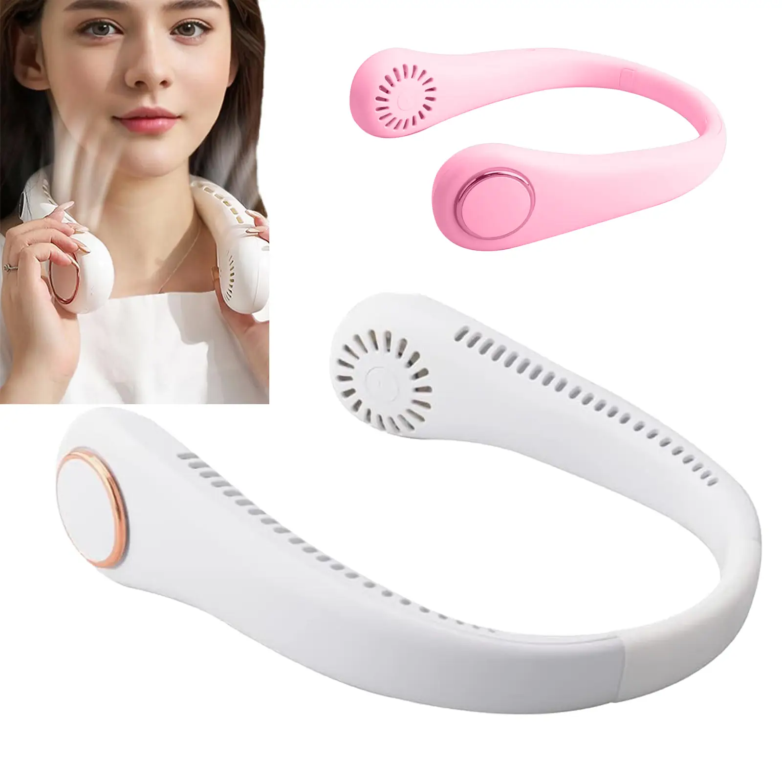 PQRQP Portable Neck Fan, Air Outlet Bladeless Cooling, Lightweight Hands Free 3 Speeds Rechargeable Mini Personal Fans, Adjustable Wearable Suitable f