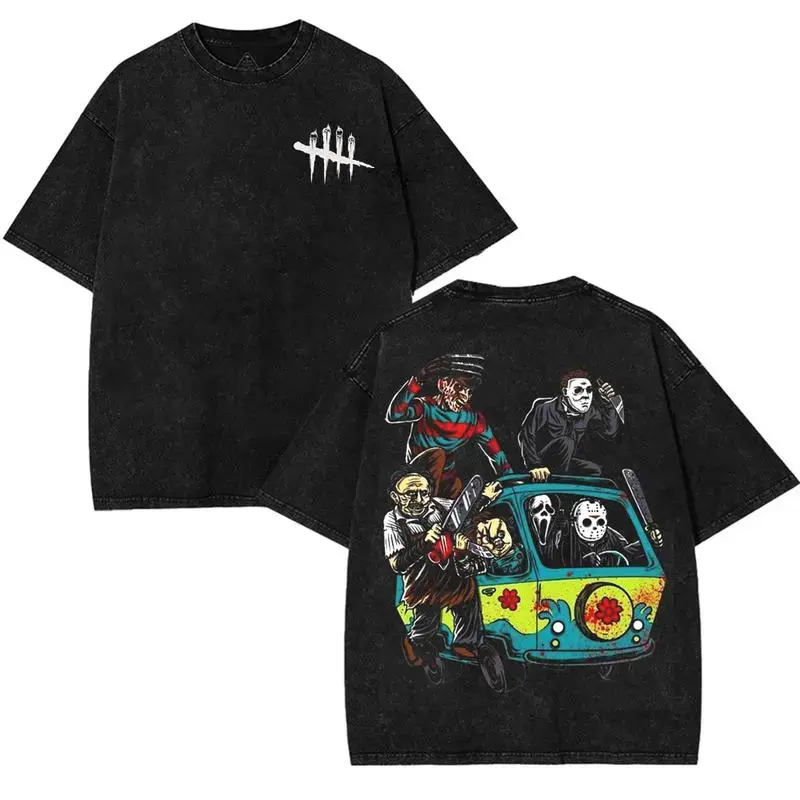 Halloween Scary Cartoon Character Print Dead By Daylight – Washed Tee Tanktop Cotton Menswear Top | Smooth Streetwear Prints for Man, Casual Classic Gaming Style