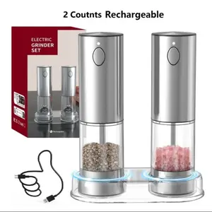 Electric Salt & Pepper Grinding Set, 2 Counts USB Rechargeable Salt & Pepper Grinding Tool, Salt Pepper Shakers, Kitchen Seasoning Utensils, Kitchen Gadgets for Home Dining Room Barbecue