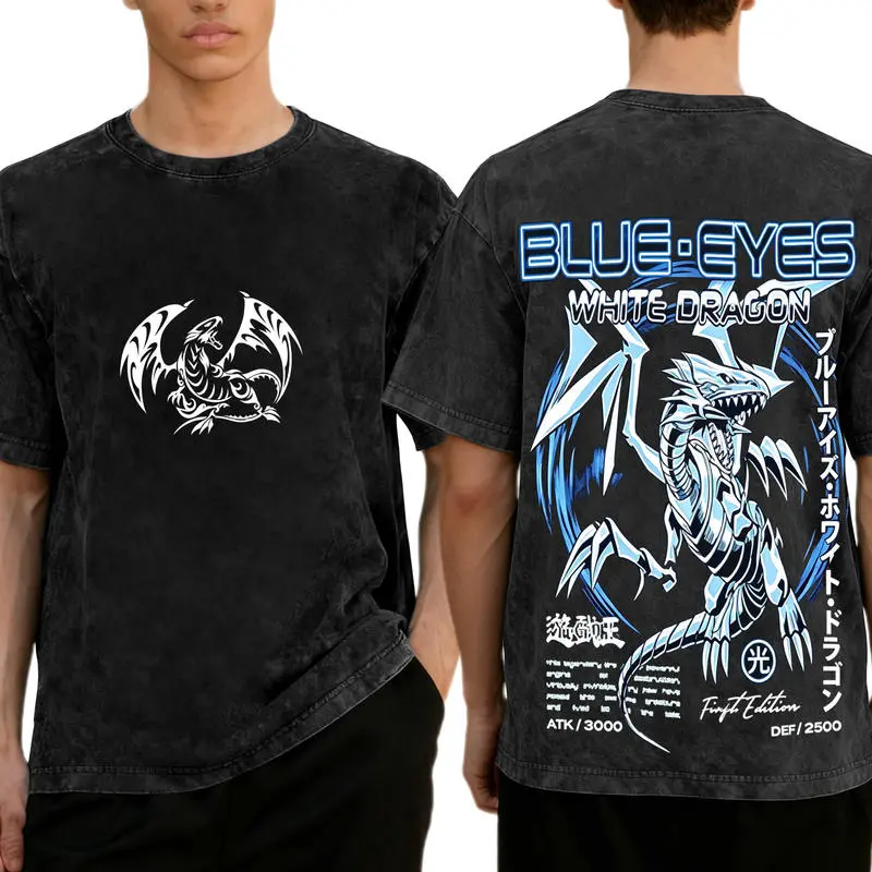 Vintage Washed Black Blue Eyes White Dragon T-Shirt, Yu-Gi-Oh Anime Dragon Graphic Short Sleeve Tee, Retro Distressed Cotton Streetwear Top for Duel Card Game Fans