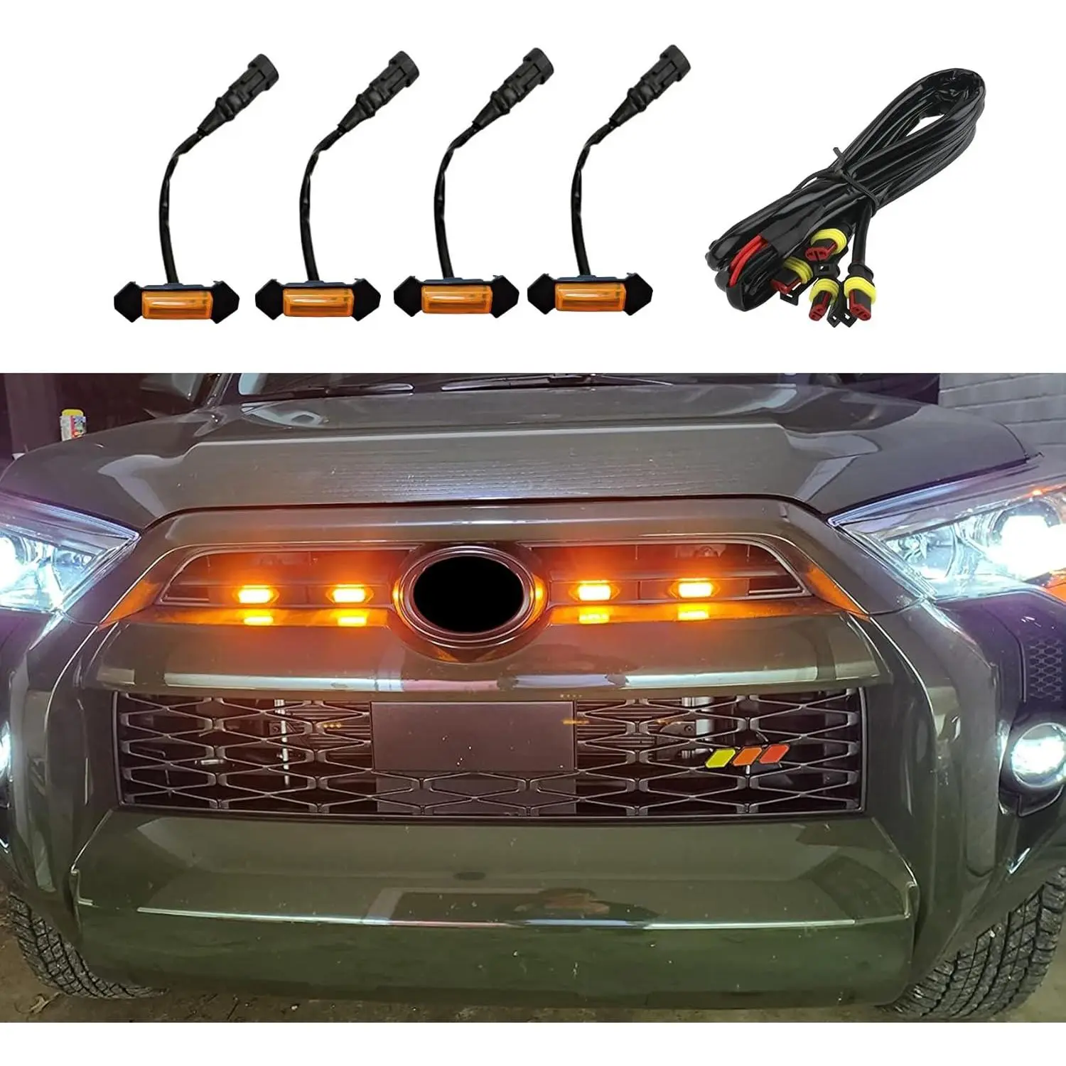 4PCS LED Grille Lights, Bright Amber LED Grill Lights with Wiring Harness, Waterproof Front Grill Trim Lamps, Vehicle Exterior Grille Lamps Replacement for 2016-2019 TRD PRO Front Grille