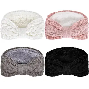 4 Pack Twisted Knit Headbands Winter Knotted Head Wraps Fuzzy Lined Headband Thick Crochet Turban Ear Warmer Elastic Hair Band Accessories for Women (White, Pink, Black, Grey)