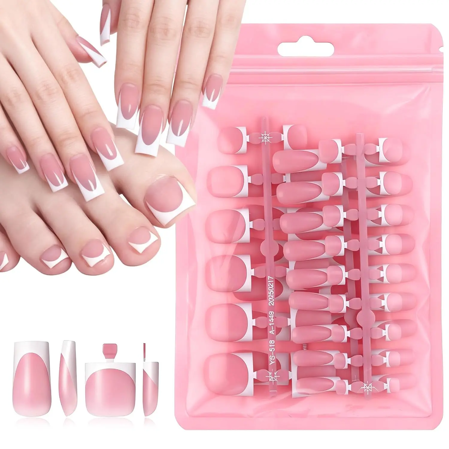 60 Pcs White French Tip Press on Nails, Medium Square Fake Nails, Toe Nail Press On, Acrylic Full Cover False Nail for Women Manicure Kit