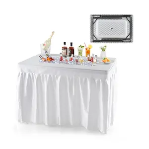 COSTWAY - 4 Feet Folding Ice Bin Table with Skirt for Camping Picnic Wedding with Ice Bucket-White