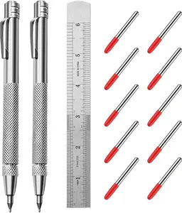 2 Pack Tungsten Carbide Tip Scriber Tool with 10 Refills 1 Ruler, Metal Scribe Scriber Marking Tools with ,  Etching Engraving Pen for Metal Sheet/Glass//Leather