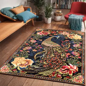 New Style Peacock Floral Print Carpet, Foldable Washable Anti-Slip Soft Area Rug for Living Room Bedroom Sofa Dining Hall Hotel