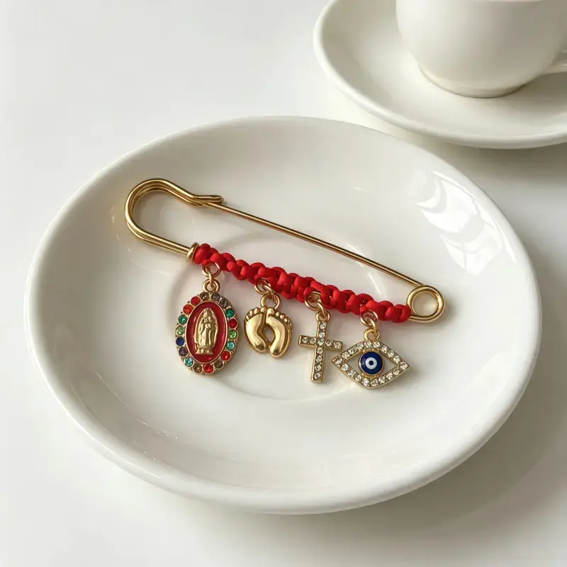 Protection Brooch for Pregnancy & Baby Religious Charm Maternity Safety Pin Brooch – Virgin Mary, Cross & Evil Eye Belly Jewelry Pin