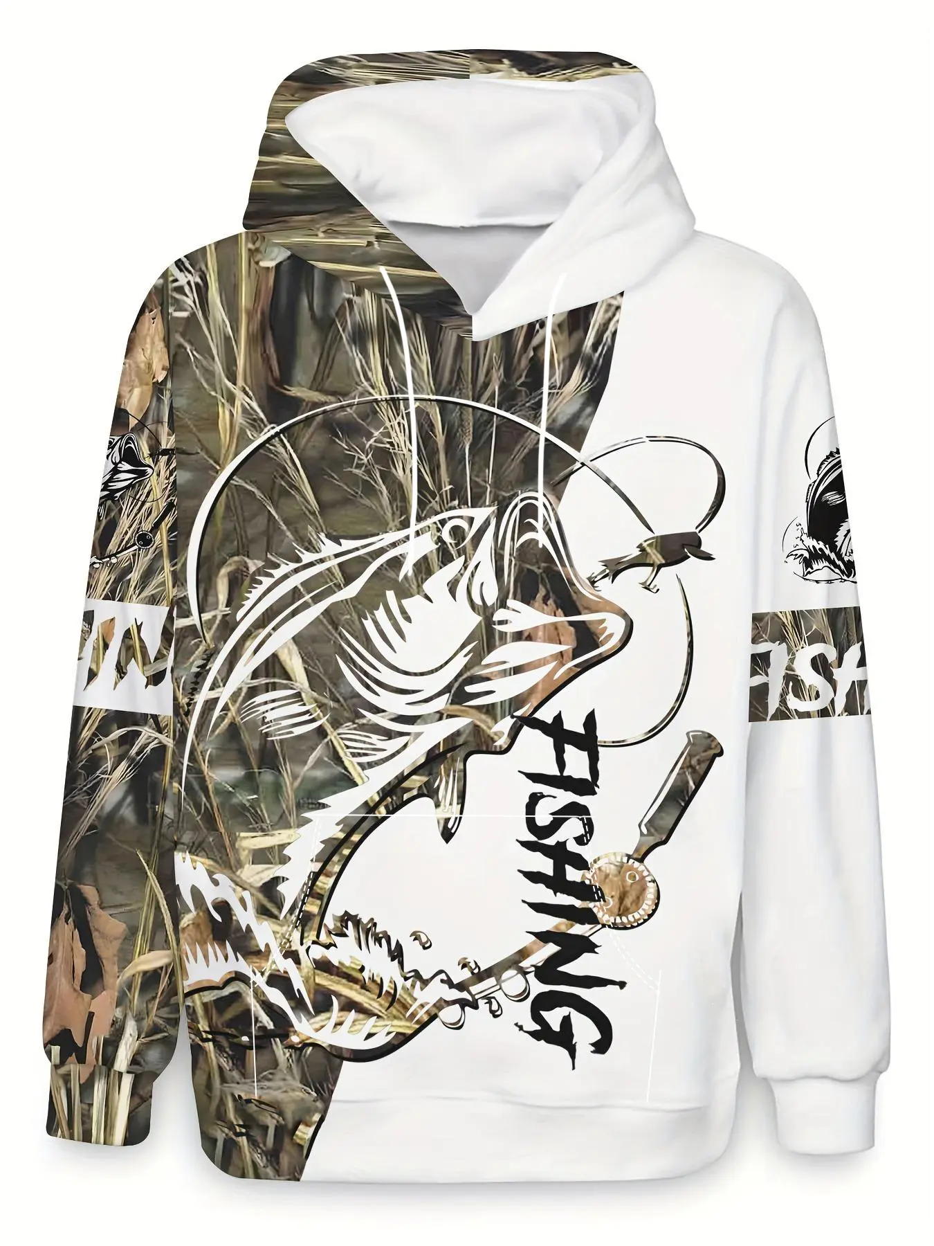 Men's Novel Fishing Pattern Hooded Sweater - Casual Style Polyester Knitted Fabric with Slight Elasticity - Regular Version Hooded Sweater with Camouflage and Fish Pattern Design - Graphic Print Aesthetic Fashion Hoodies