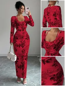 Blue and Floral Print Halter Neck Dress, Slim-Fitting Bodycon Design, Casual Fall and Winter Layering Dress for Women