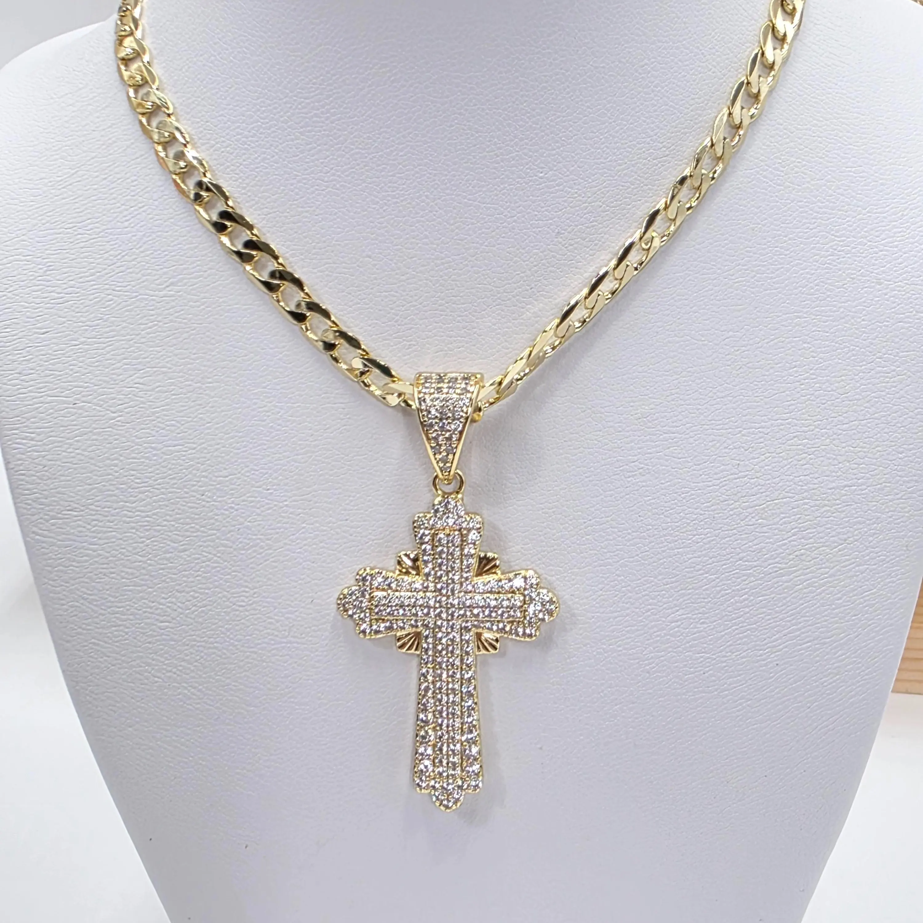 Xuping Cross Crucifix Pendant Necklace with 20-in Cuban Link Gold Chain - Long Length Everyday Wear Costume Jewelry (c12), Crucifix Necklaces, Cuban Link Necklaces