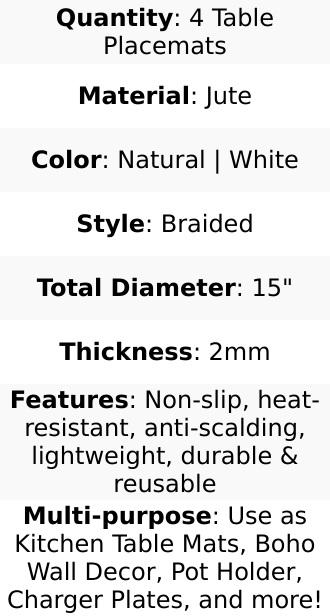 4-Pack Jute and White Placemats 15" Round Braided Design Natural - Rustic Burlap Woven Table Decor