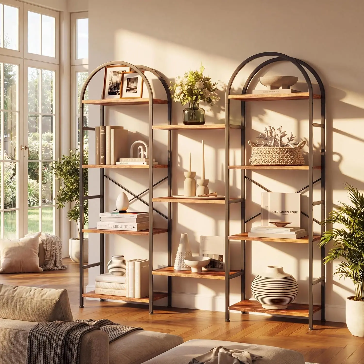 Triple 4 Tier Arched Bookshelf, Large Open Display Bookcase with 11 Shelves, Metal Frame & Wood Shelves, Wide Tall Standing Storage Rack for Living Room, Bedroom, Home Office,Rustic Brown/Black/White